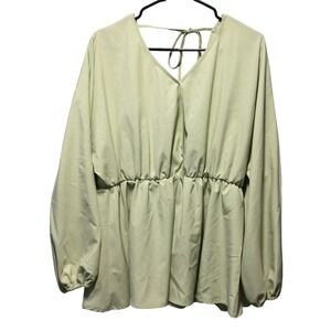 Shein‎ Curve 1XL Green Long Sleeve Peplum Blouse Tie Back V Neck Top